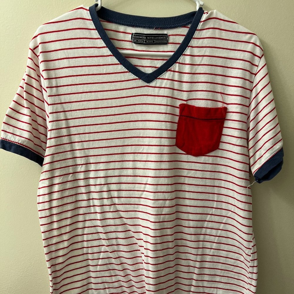 Counter Intelligence Red & White Stripped Men's Vneck Tshirt (Medium)